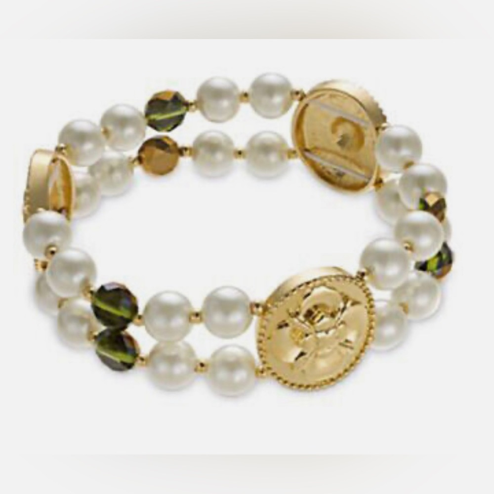 CHARTER CLUB Faux Pearl & Hazel Bead Goldtone Stretch Bracelet - Picture 1 of 3